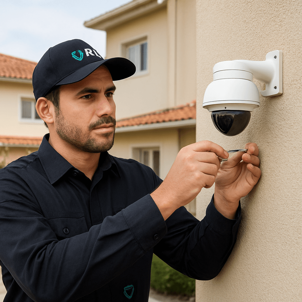 Técnico RDA Alarmes instalando câmera de segurança em Poços de Caldas